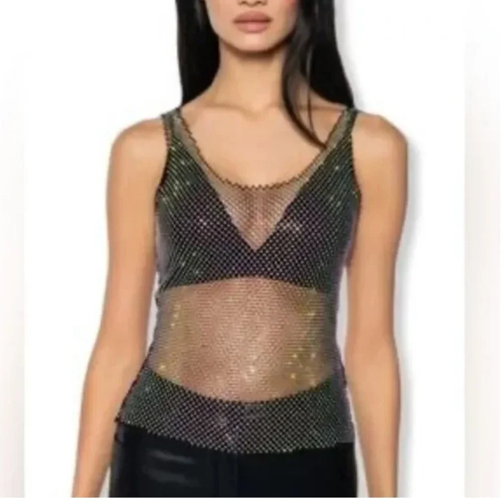 Iridescent Rhinestone Mesh Tank Top - Black - Picture 5 of 5